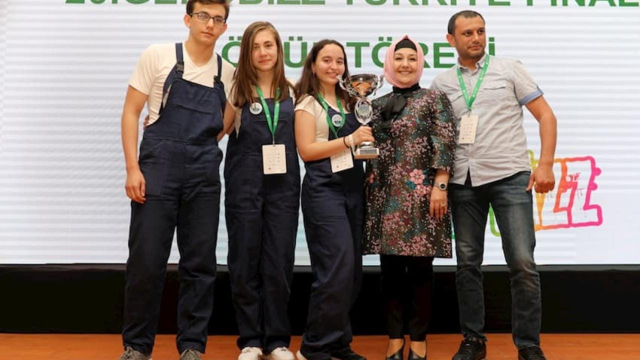 Sahnede duran beş kişilik bir grup, birinin elinde kupa var. Bir pankartta "20. GençBizz Türkiye Finali" yazıyor.